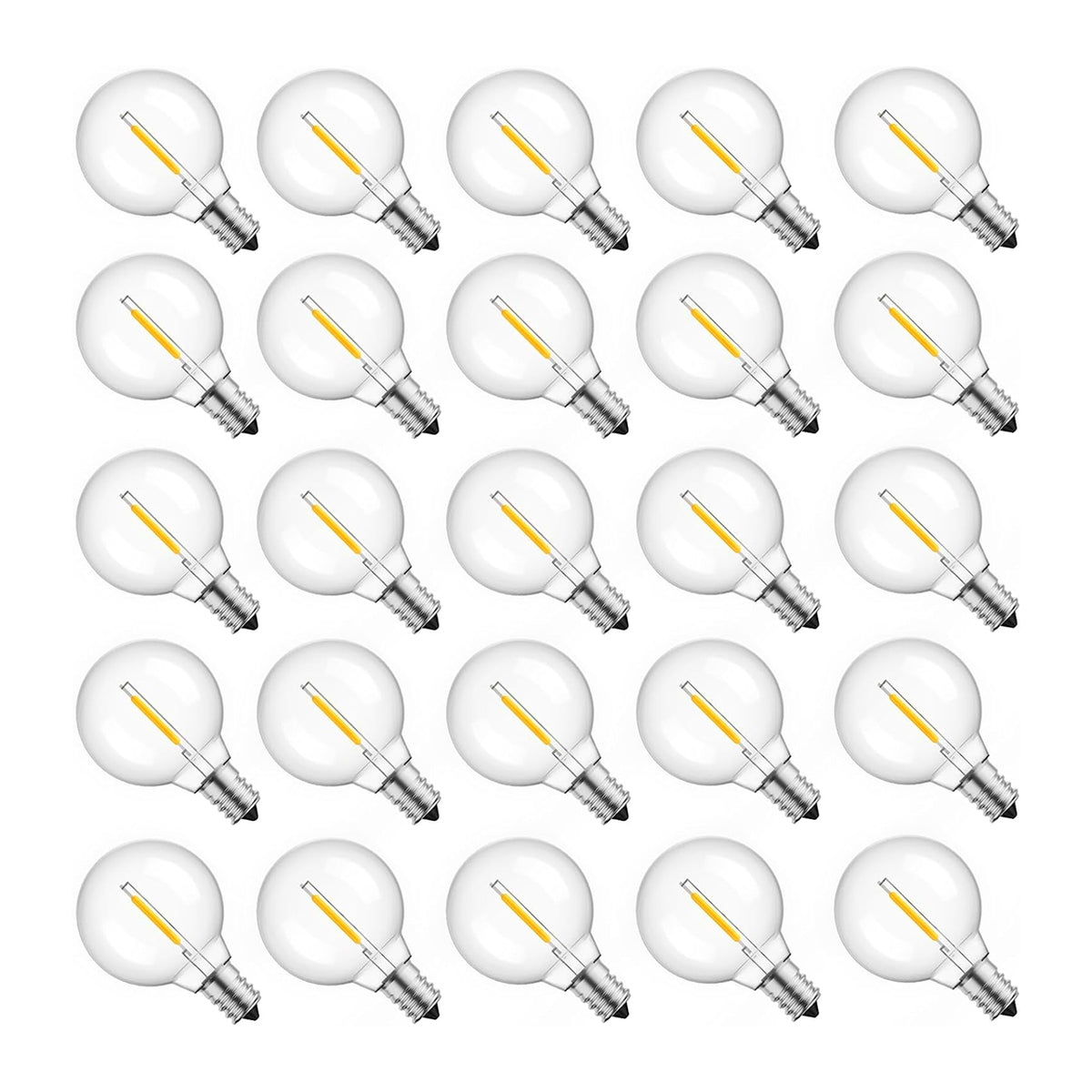25-pack G40 LED replacement bulbs shatterproof clear plastic warm white with BlueStars box