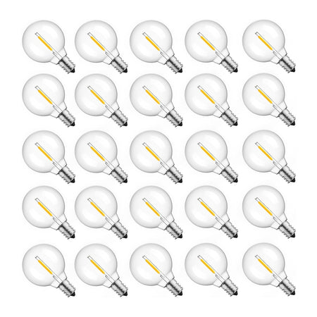 25-pack G40 LED replacement bulbs shatterproof clear plastic warm white with BlueStars box