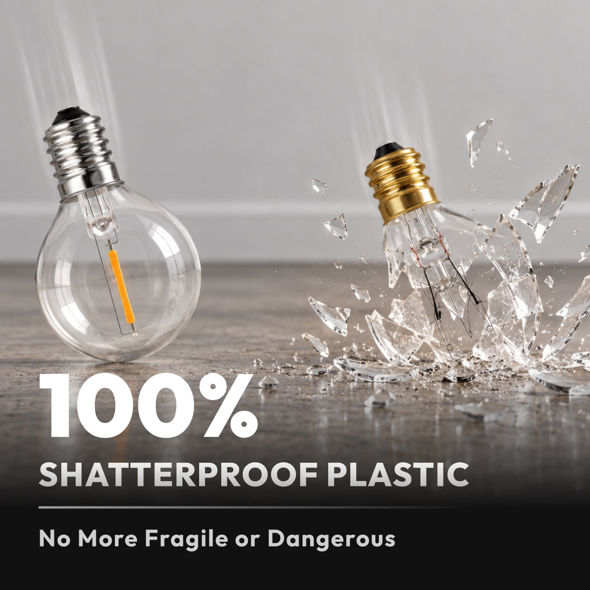 Shatterproof plastic G40 LED replacement bulb compared to dangerous fragile glass bulb