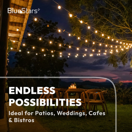 G40 LED outdoor string lights illuminating backyard patio BBQ weddings and cafe bistros