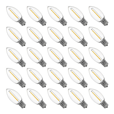 25-pack C9 LED replacement bulbs warm white 2200K clear shatterproof plastic with BlueStars box