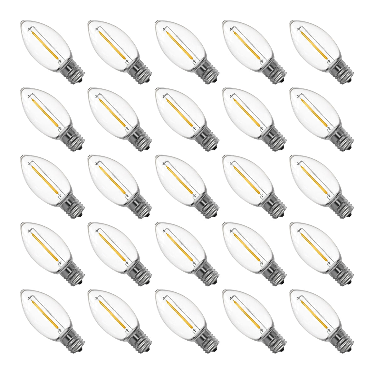 25-pack C9 LED replacement bulbs warm white 2200K clear shatterproof plastic with BlueStars box