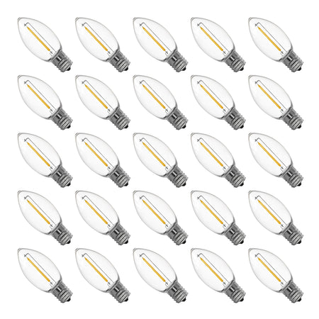 25-pack C9 LED replacement bulbs warm white 2200K clear shatterproof plastic with BlueStars box