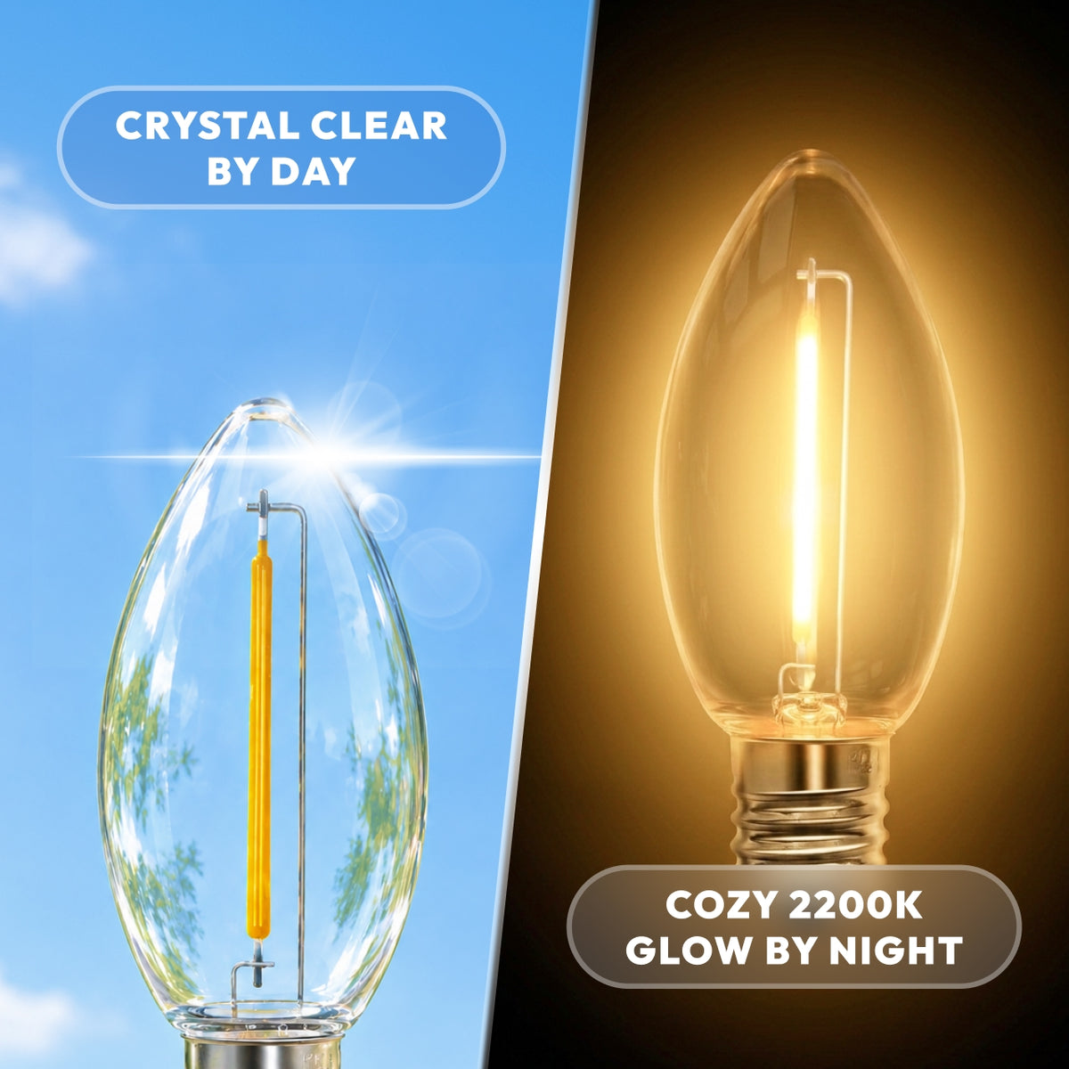 Clear C9 LED outdoor bulb by day and illuminated cozy 2200K warm white vintage glow by night