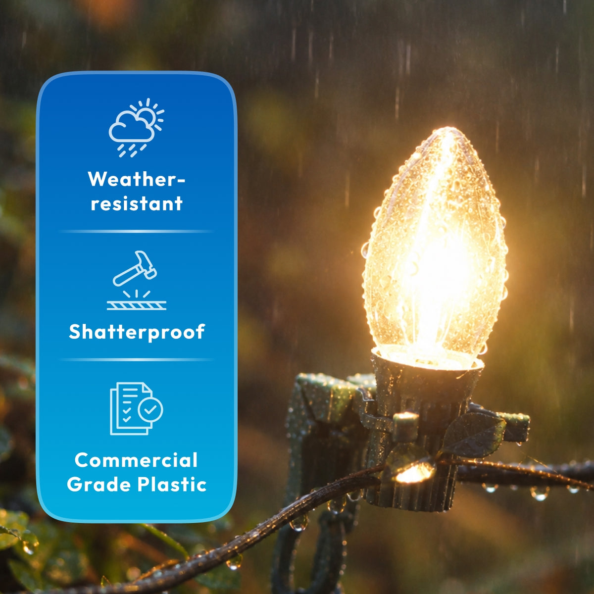 Shatterproof commercial grade weather resistant plastic C9 LED bulb resisting water and impact