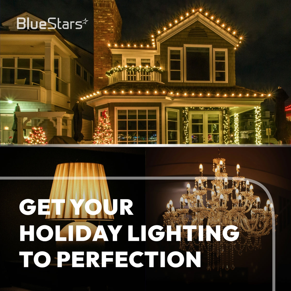 C9 LED warm white Christmas string lights decorating roofline covered in snow and patio windows