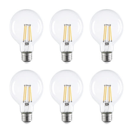 6-pack G25 LED clear filament vanity light bulbs 60W equivalent 2700K with BlueStars box