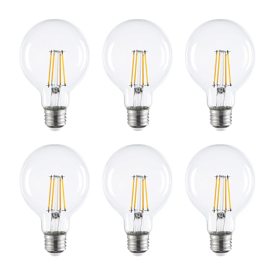 6-pack G25 LED clear filament vanity light bulbs 60W equivalent 2700K with BlueStars box