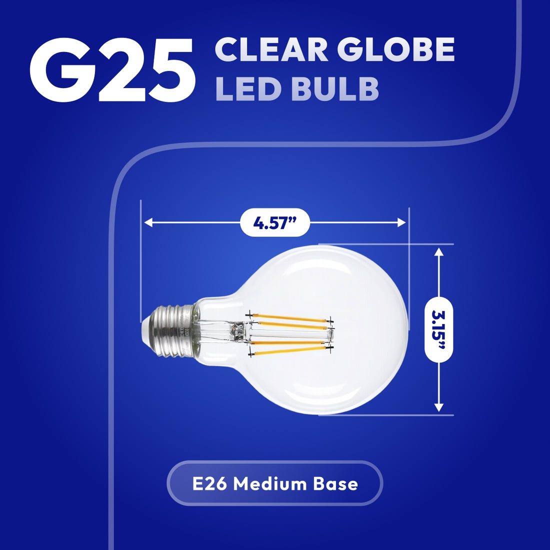 G25 LED clear globe bulb dimensions 3.15 inches wide showing standard E26 medium base
