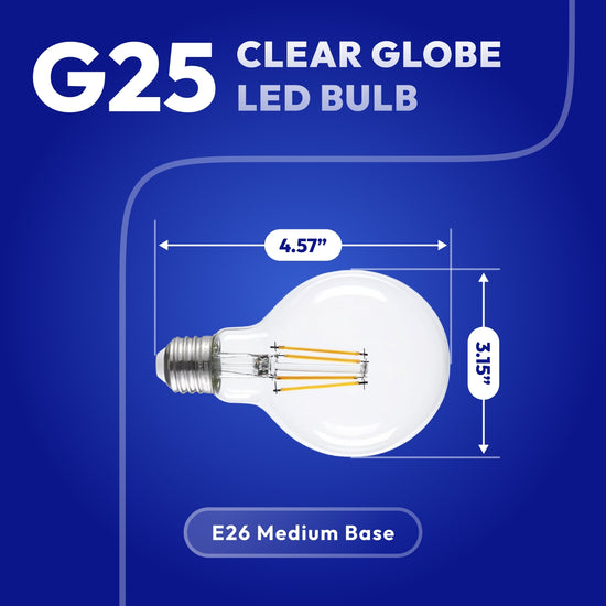 G25 LED clear globe bulb dimensions 3.15 inches wide showing standard E26 medium base