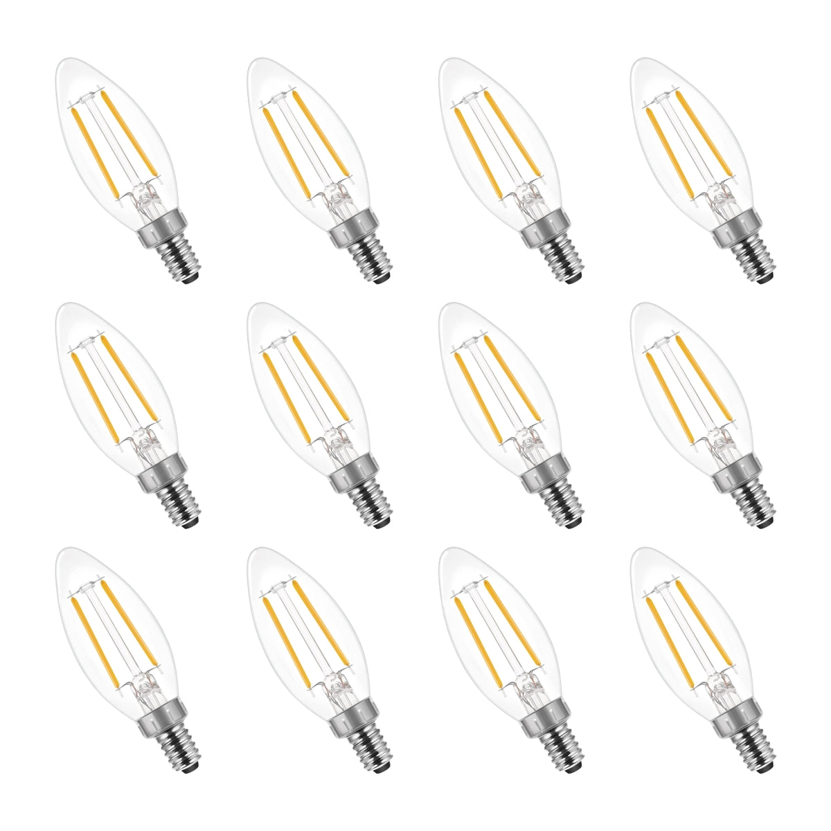 12-pack B11 LED candelabra bulbs 2700K soft white dimmable vintage filament with BlueStars box