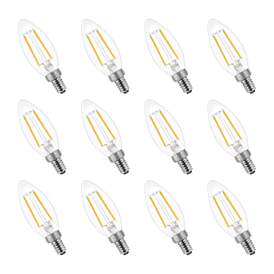 12-pack B11 LED candelabra bulbs 2700K soft white dimmable vintage filament with BlueStars box