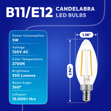 B11 LED chandelier light bulb dimensions 3.94 inches tall with standard E12 candelabra base