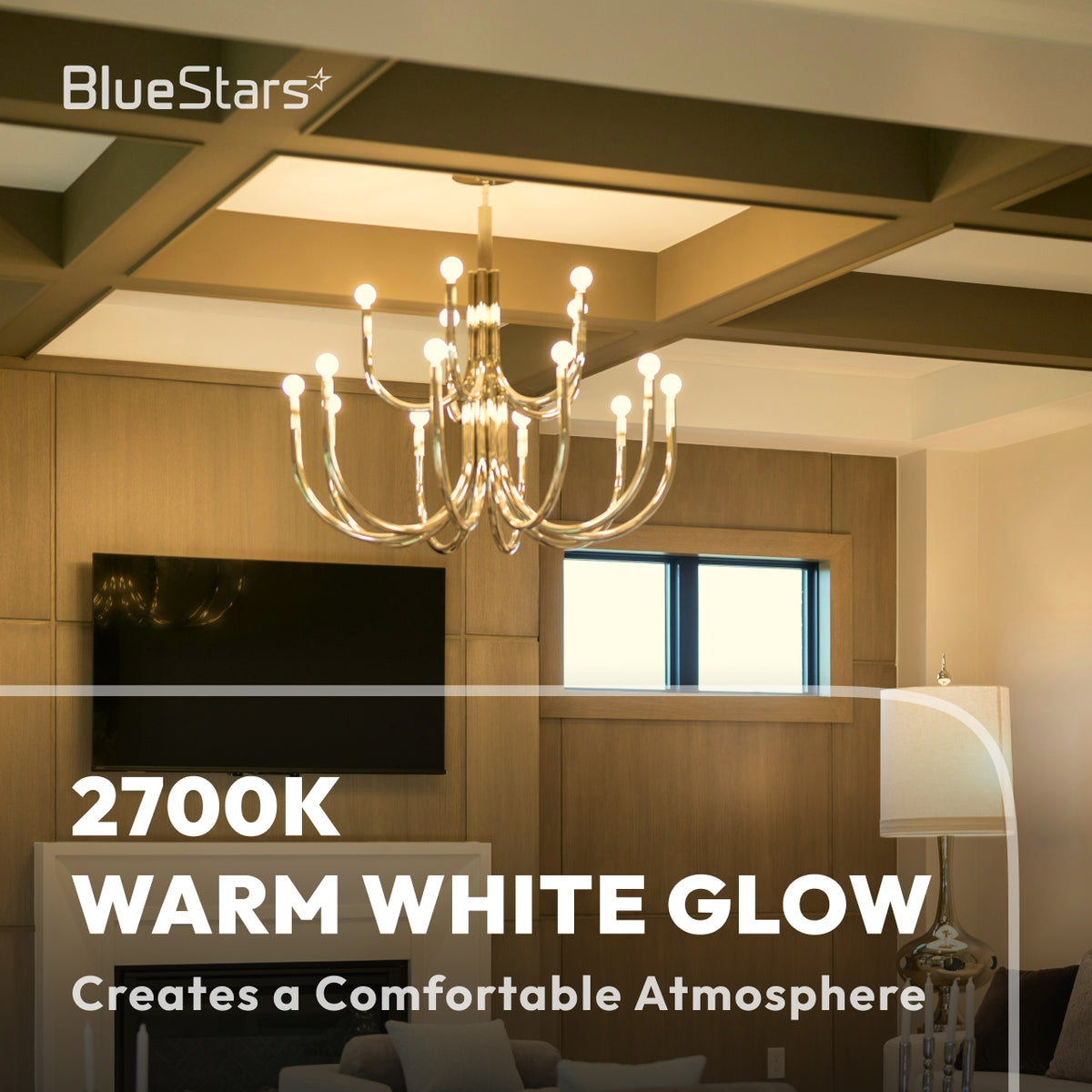 2700K soft white glow B11 LED candelabra bulbs creating a comfortable relaxing living room atmosphere
