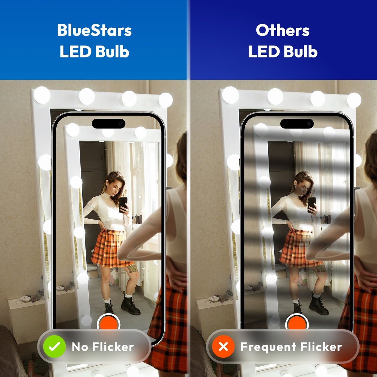 Eye friendly zero flicker G25 LED frosted bulb compared to frequent flicker bulb on camera