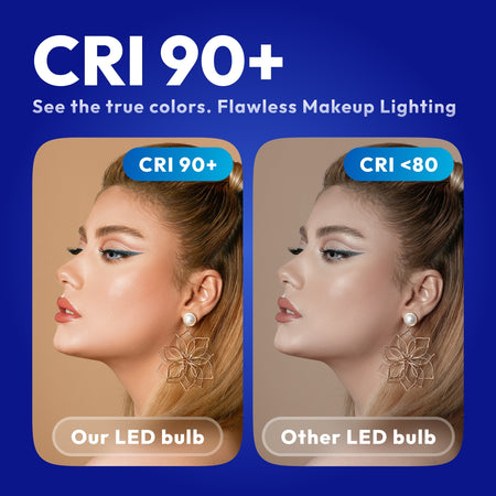 High CRI 90 plus G25 LED vanity bulb showing true natural colors for flawless makeup lighting