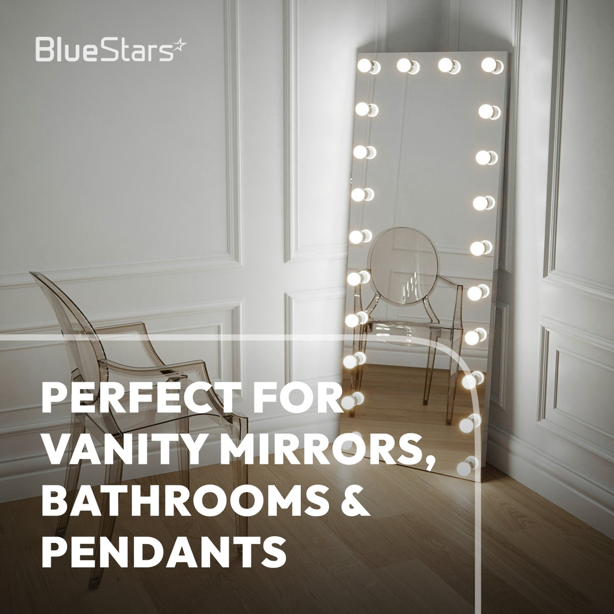 G25 LED frosted vanity light bulbs illuminating a luxurious bathroom Hollywood makeup mirror