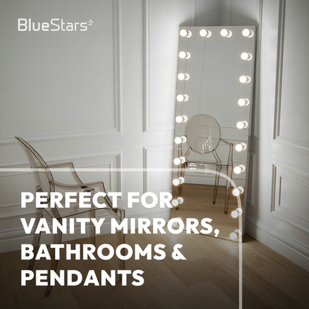 G25 LED frosted vanity light bulbs illuminating a luxurious bathroom Hollywood makeup mirror