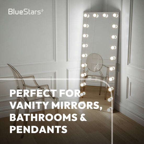 G25 LED frosted vanity light bulbs illuminating a luxurious bathroom Hollywood makeup mirror