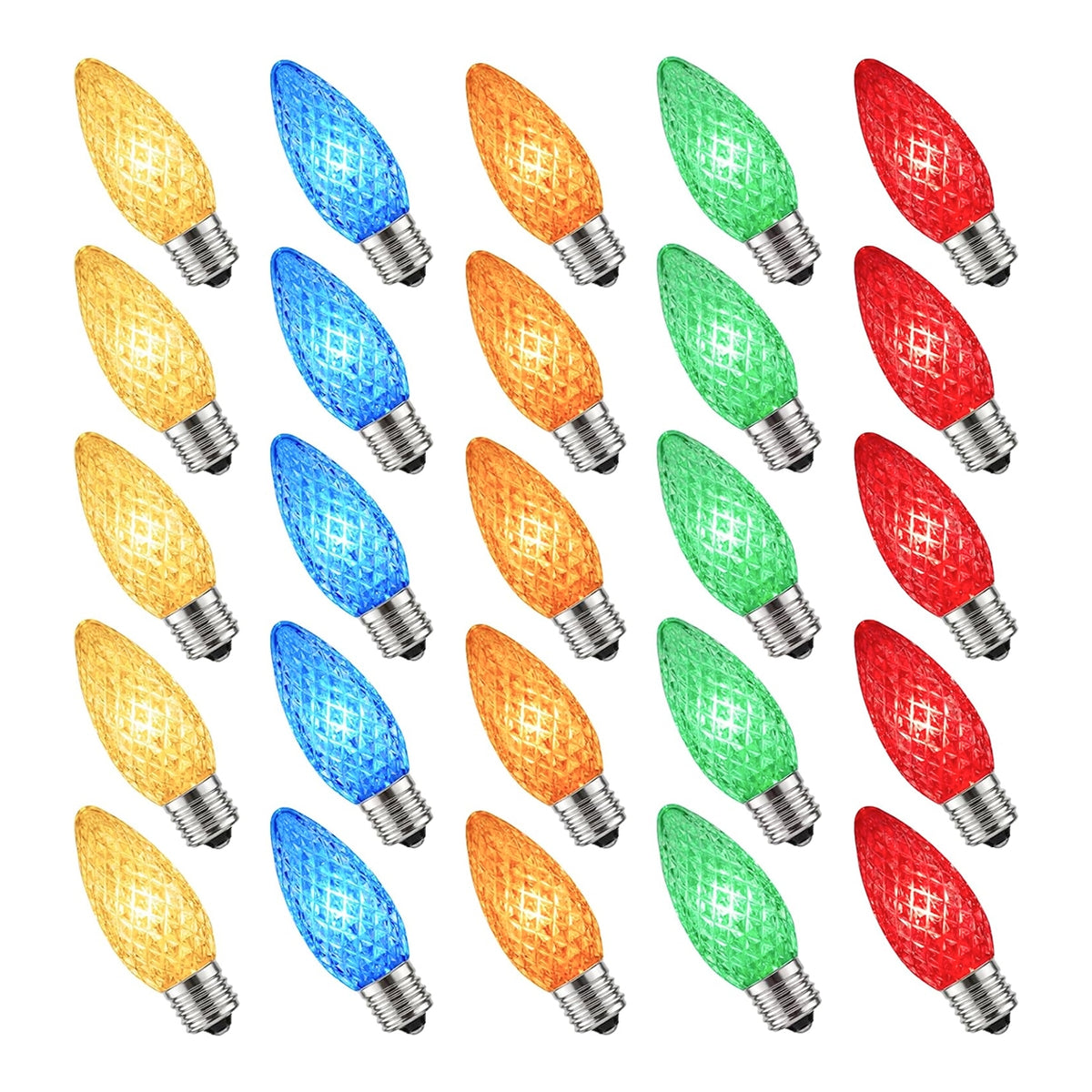 25-pack C9 LED multicolor faceted replacement Christmas bulbs with BlueStars box