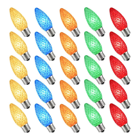 25-pack C9 LED multicolor faceted replacement Christmas bulbs with BlueStars box