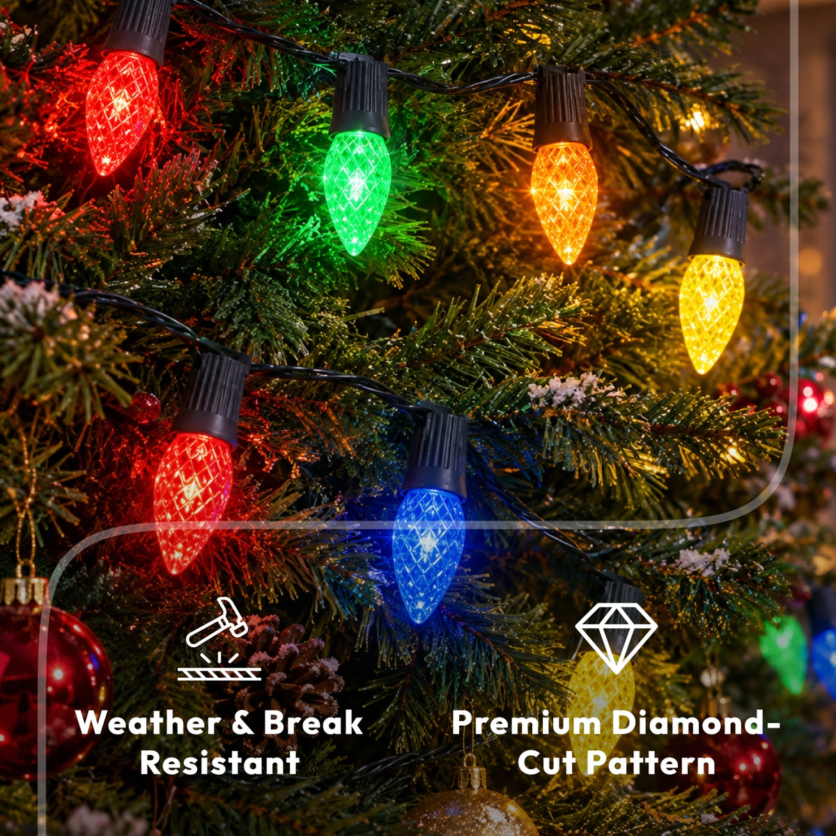 Premium diamond-cut faceted C9 LED bulbs showcasing shatterproof acrylic material