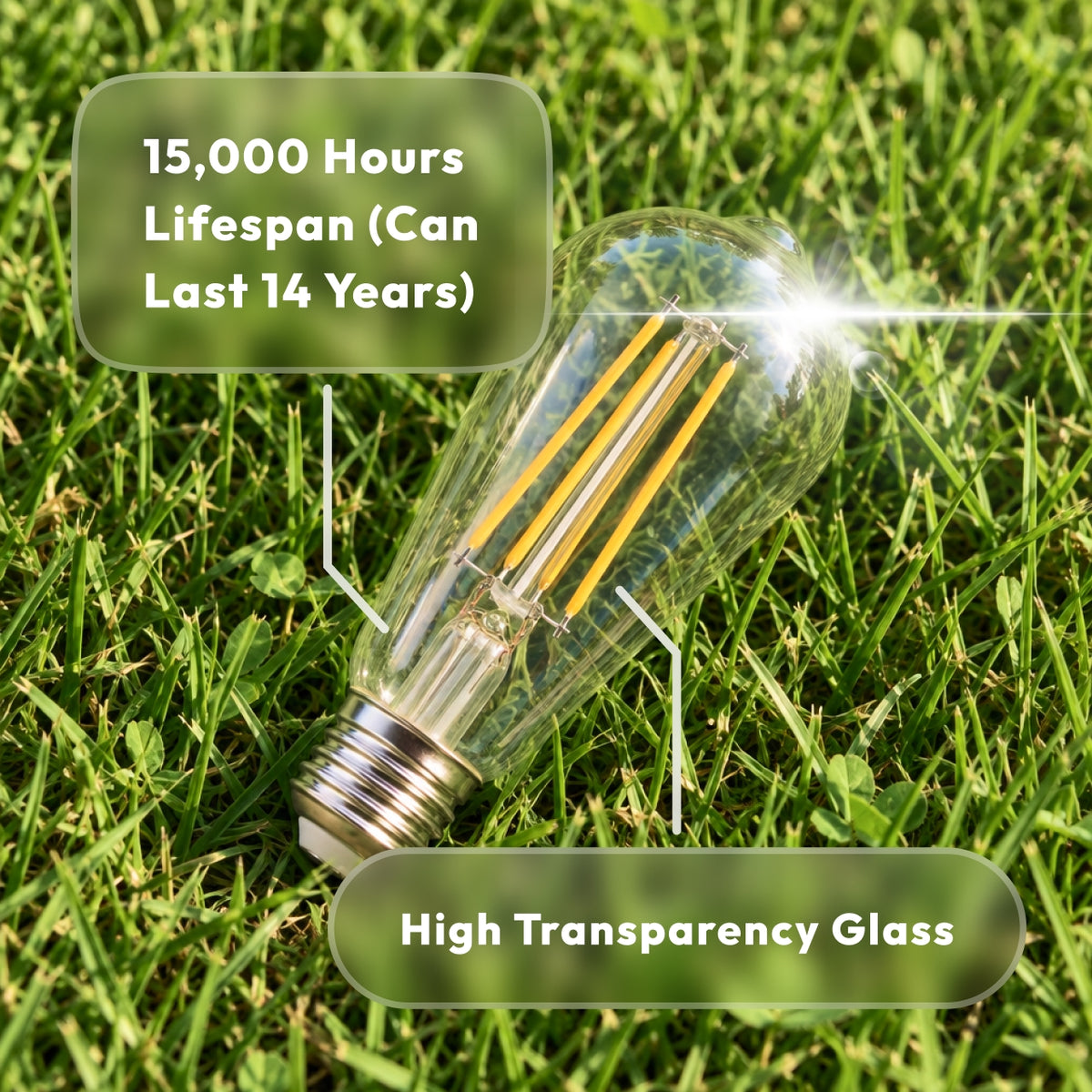 ST19 LED vintage bulb internal structure showing high transparency glass and 15000 hours lifespan