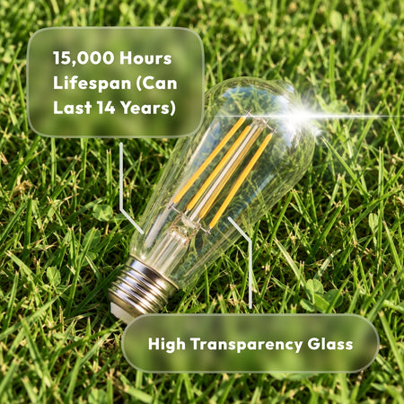 ST19 LED vintage bulb internal structure showing high transparency glass and 15000 hours lifespan