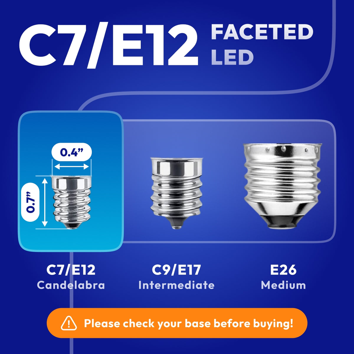 C7 LED bulb dimensions 2.25 inches tall showing standard E12 candelabra base comparison