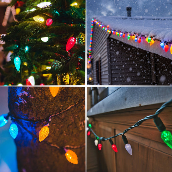Versatile C7 LED multicolor bulbs perfect for Christmas trees holiday villages and patios