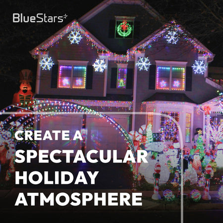 C7 LED multicolor faceted Christmas string lights decorating a snowy roofline and indoor tree