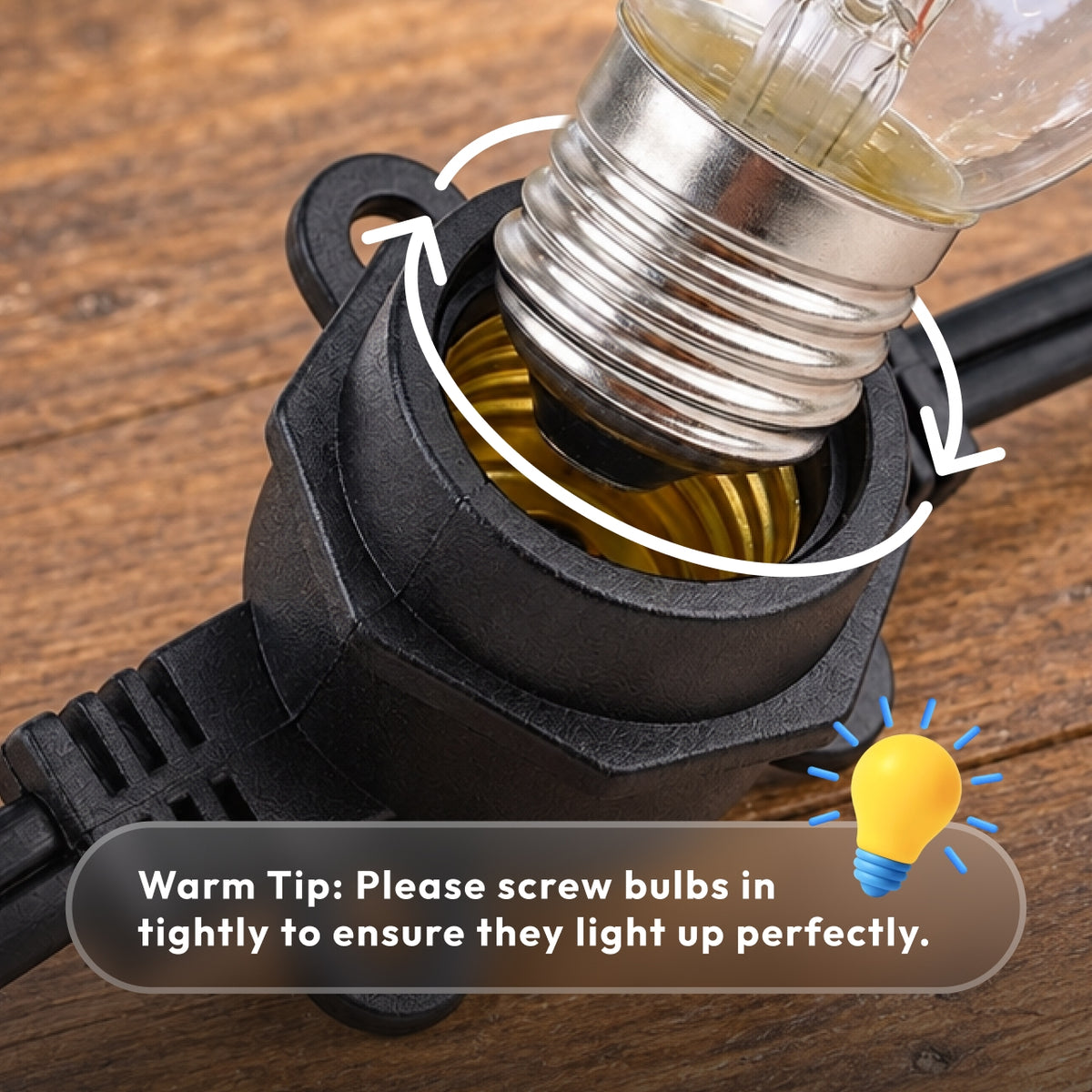 Hand screwing S14 LED replacement bulb tightly into E26 outdoor string light socket for perfect connection