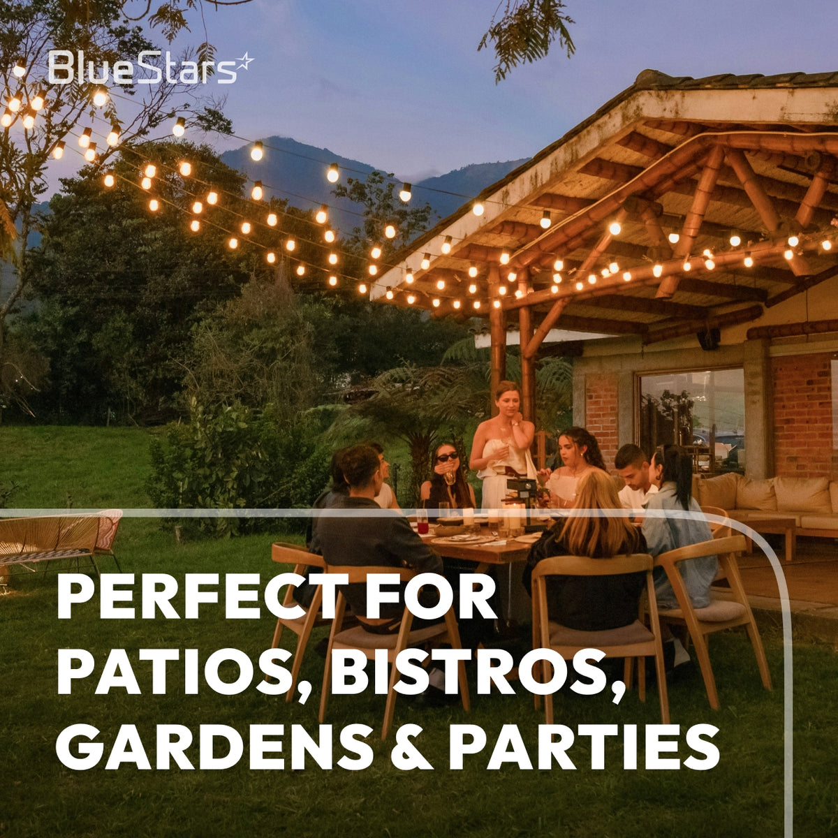 S14 LED warm white 2200K outdoor string lights illuminating a cozy backyard patio bistro gathering