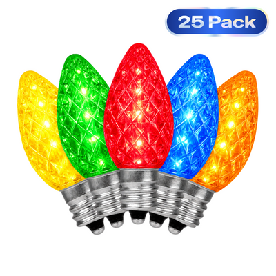 C7 LED Christmas Decor Light Bulb 25-Pack, Multicolor Faceted E12 Shatterproof Bulbs for Holiday Seasonal Decor & String Lights