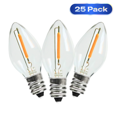 C7 LED Christmas Holiday Decor Light Bulb, 25-Pack 2200K Warm White Vintage E12 Shatterproof Bulbs for Outdoor Seasonal Decor
