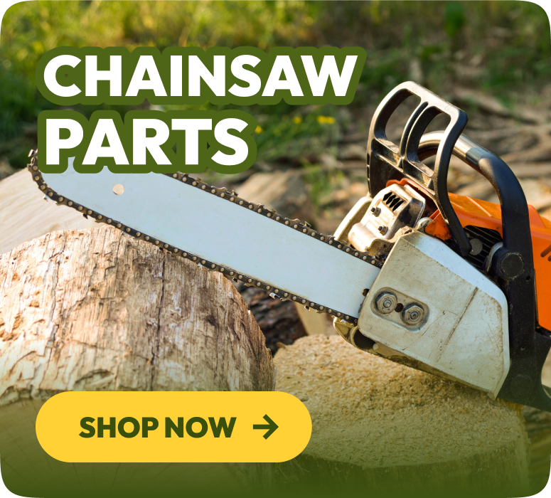 Chainsaw on a log with 'Chainsaw Parts' text and a 'Shop Now' button.