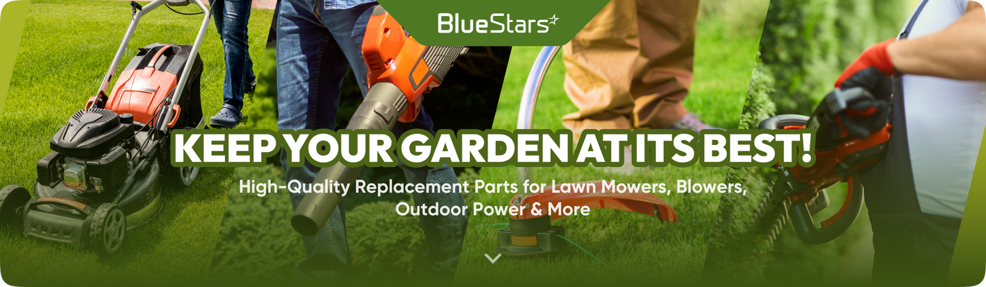 Advertisement for BlueStars garden maintenance parts with people using lawn mowers on grass.