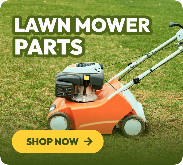 Lawn mower on grass with 'Lawn Mower Parts' text and 'Shop Now' button.
