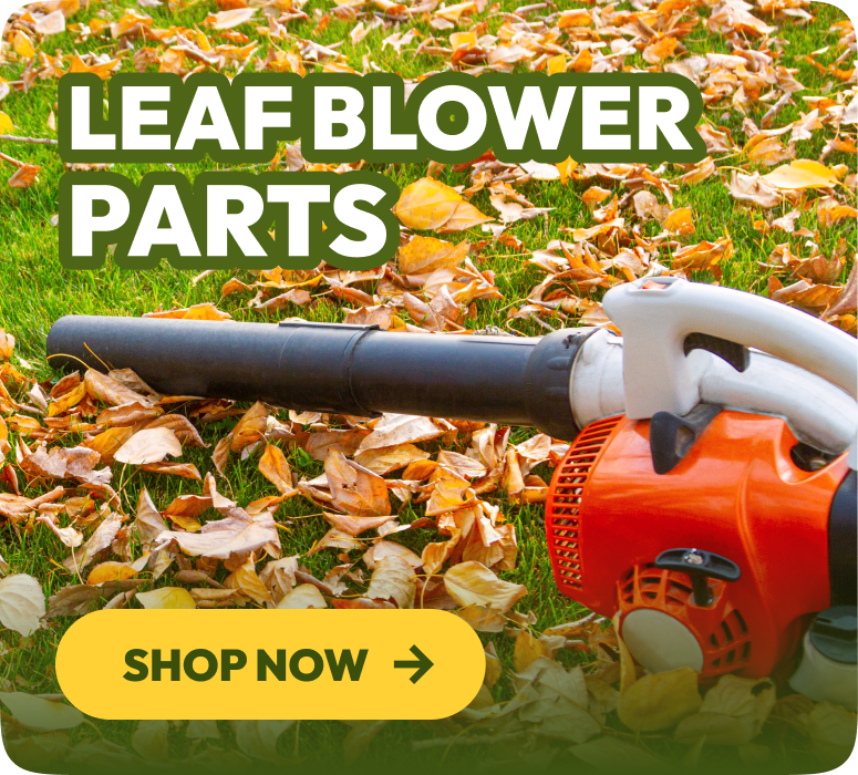 Leaf blower on grass with leaves and 'Shop Now' button