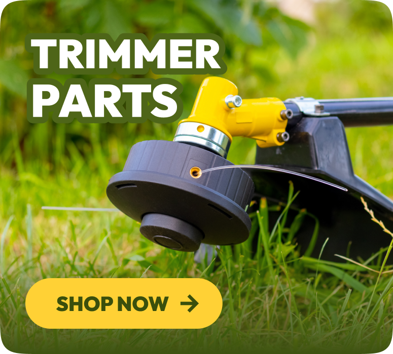 Gardening tool with 'Trimmer Parts' text and 'Shop Now' button on a grassy background