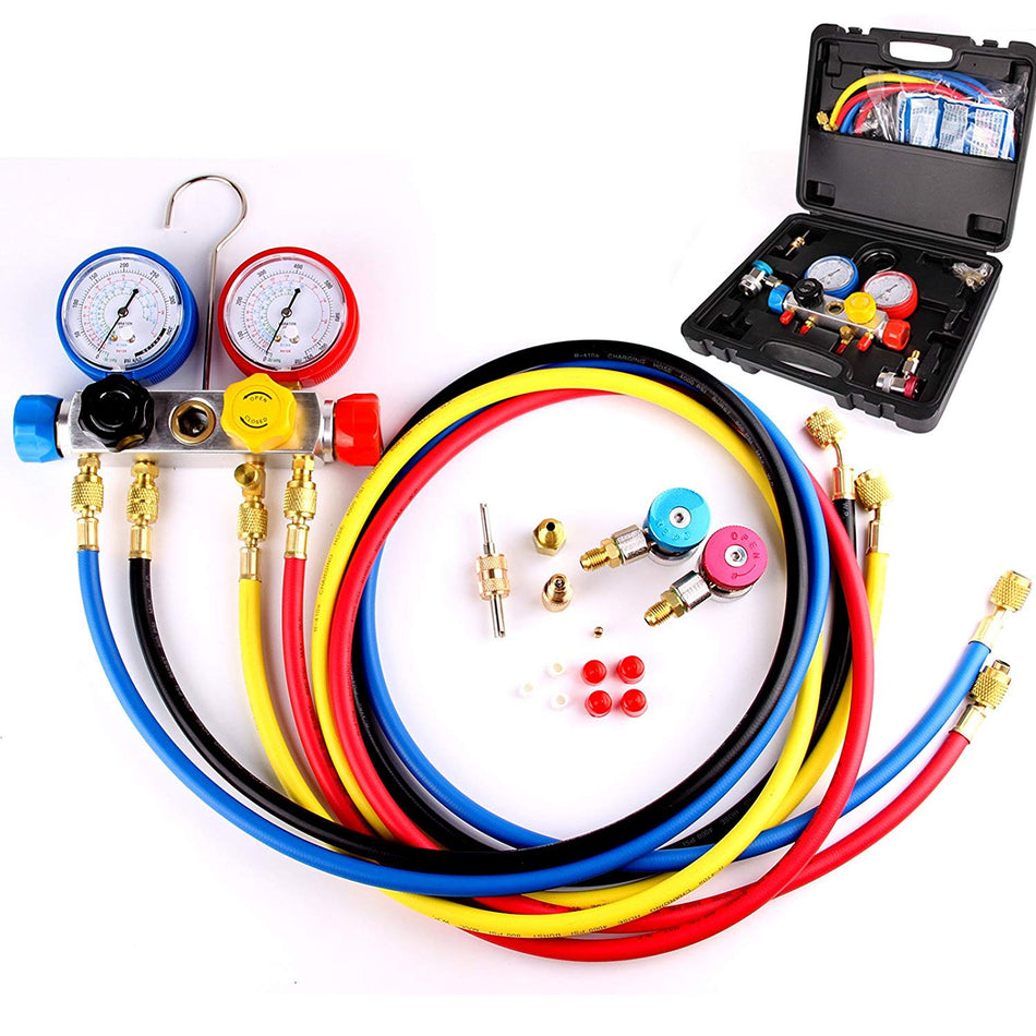 AC Manifold Gauge Set 4 Way R410a R22 R134a with Hoses Coupler Adapters by BlueStars